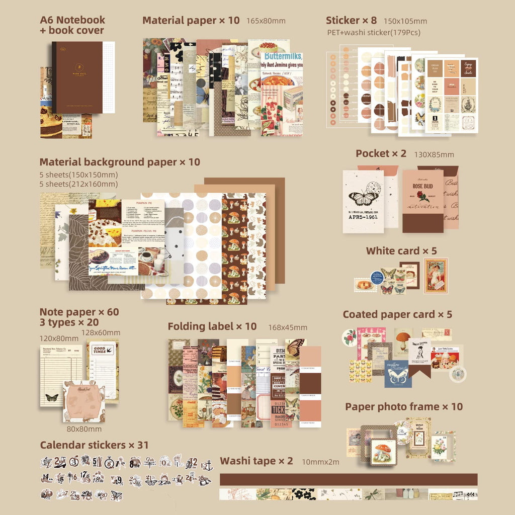 emmoolife 348 Pcs Scrapbooking Supplies Kit, Vintage Aesthetic Scrapbook Kit for Bullet Junk Journal, Stationery, A6 Grid Notebook, DIY Journaling Supplies, Birthday Craft Gift for Teen Girl Women