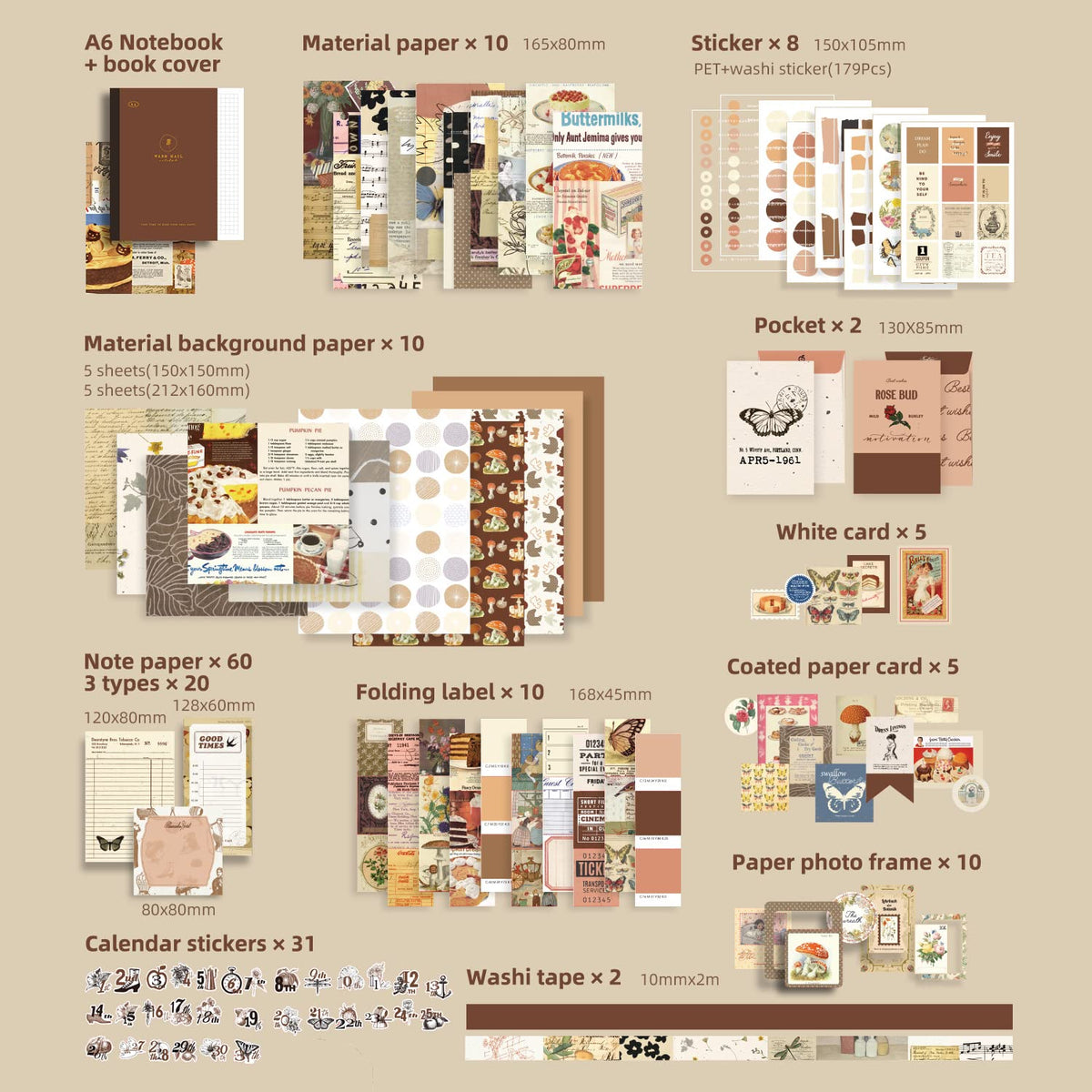 emmoolife 348 Pcs Scrapbooking Supplies Kit, Vintage Aesthetic Scrapbook Kit for Bullet Junk Journal, Stationery, A6 Grid Notebook, DIY Journaling Supplies, Birthday Craft Gift for Teen Girl Women