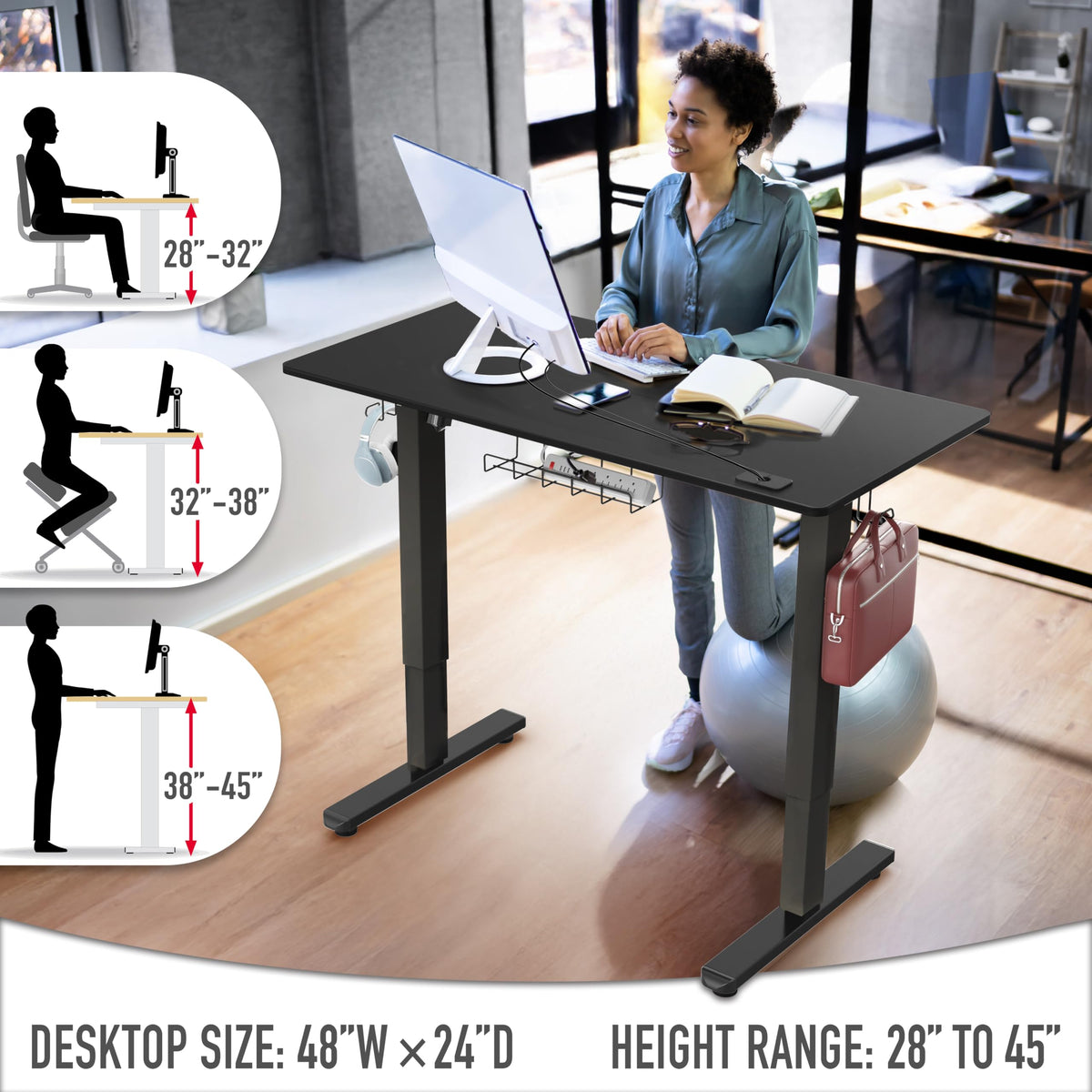 SHW 55 x 28 Electric Height Adjustable Standing Desk w/Drawer, White