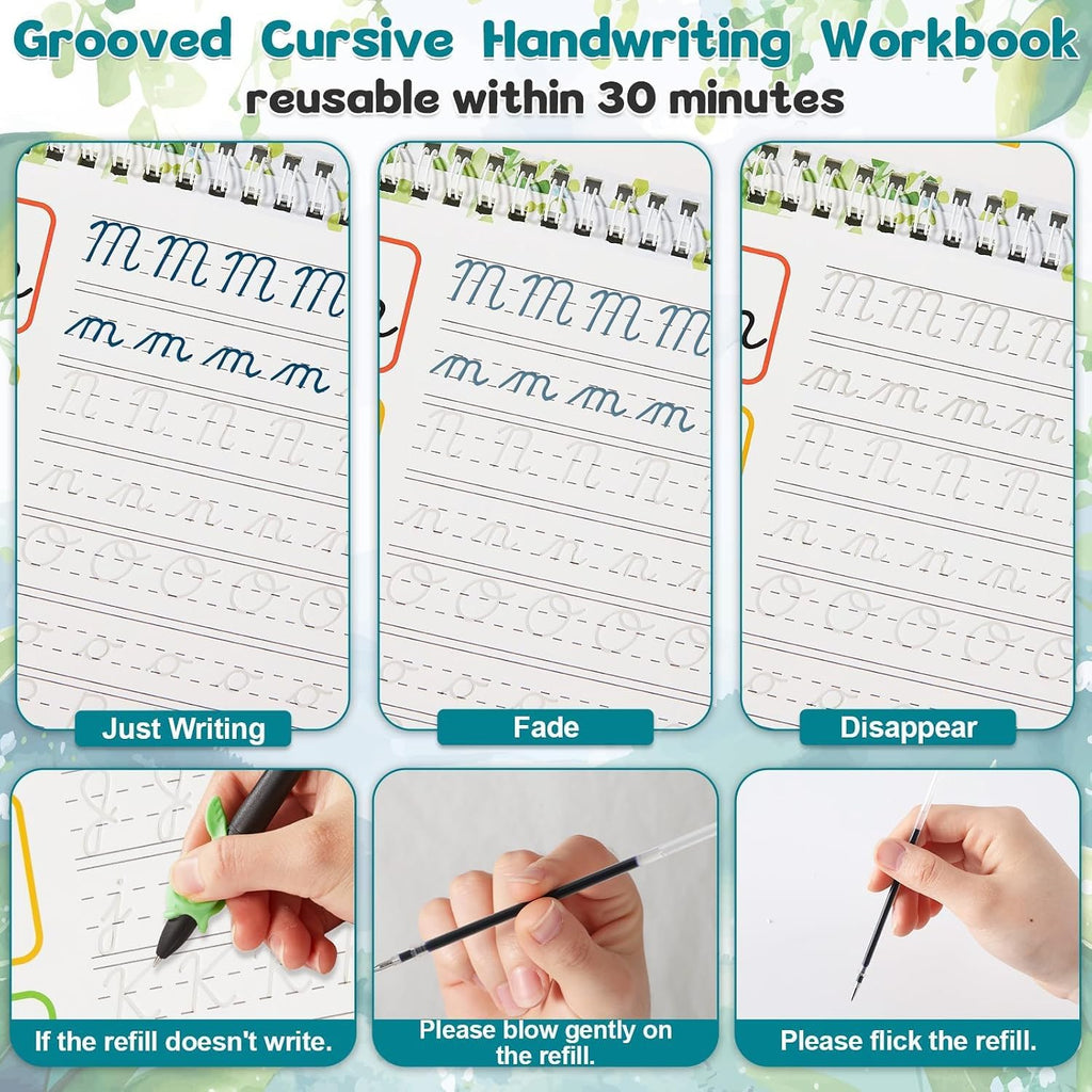 Grooved Cursive Handwriting Workbook Magic Reusable Grooved Cursive Handwriting Practice Guided Tracing with Disappearing Ink Pens for Beginners Kids Learning Activities Supplies (Letters)