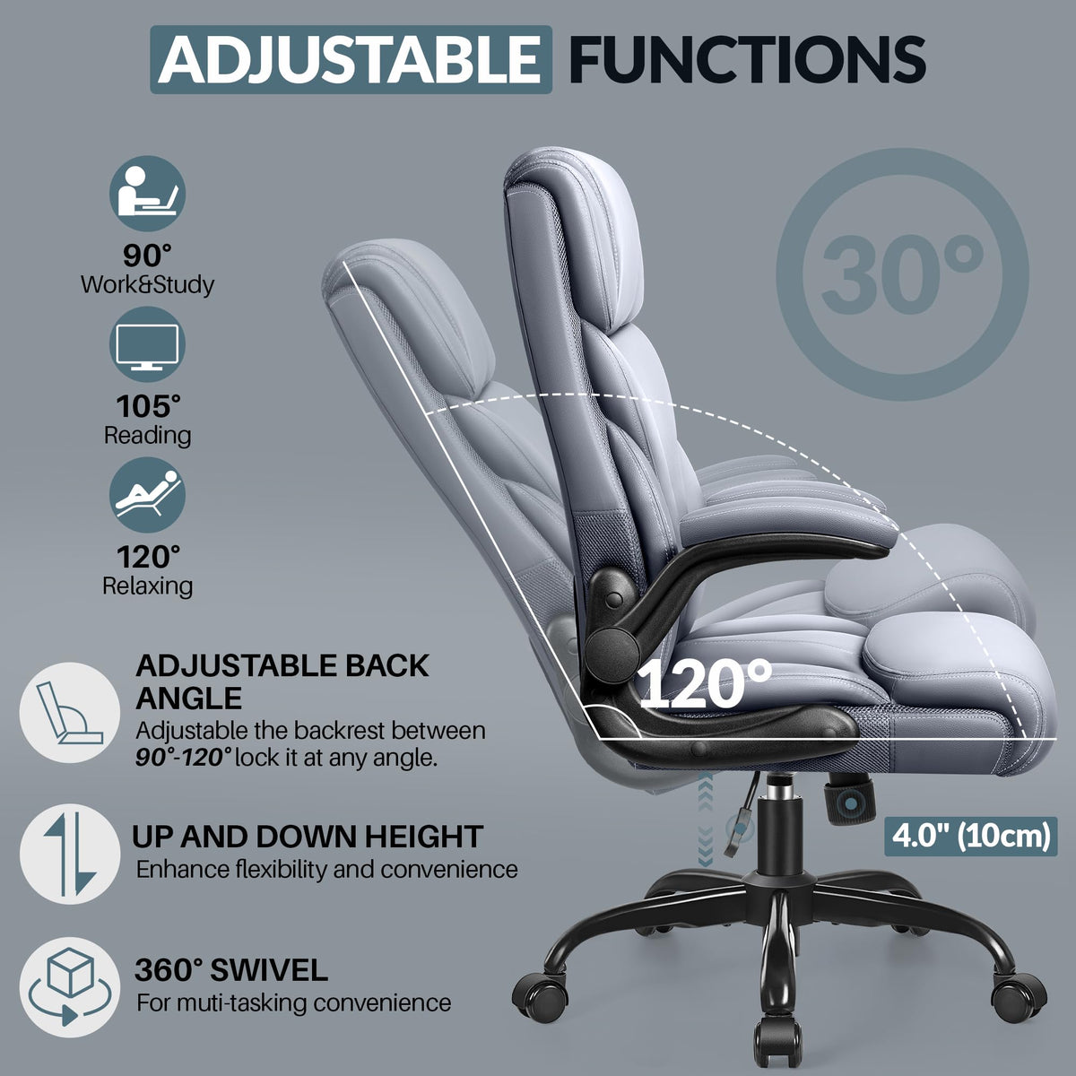 HeroSet Office Chair, Ergonomic Big and Tall Computer Desk Chairs, Executive Breathable Leather Chair with Adjustable Flip-up Armrests, Lumbar Support Swivel PC Chair with Rocking Function,Matte Black