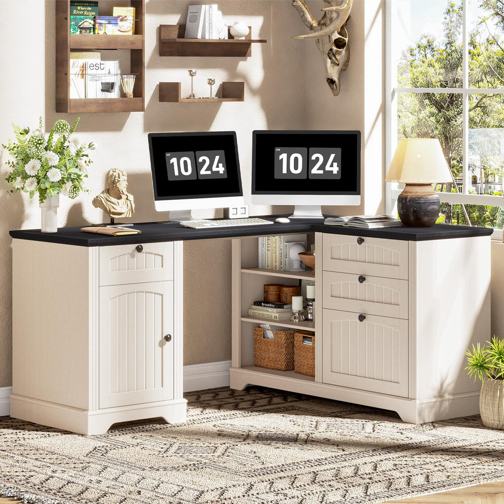 Vabches 51" Executive Desk Farmhouse Home Office Desk with Charging Station, LED Light, File Drawer, Storage Cabinet, Monitor Stand, Wood Computer Desk with Hutch for Work Study Writing (White)