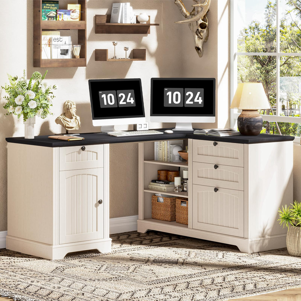 Vabches 51" Executive Desk Farmhouse Home Office Desk with Charging Station, LED Light, File Drawer, Storage Cabinet, Monitor Stand, Wood Computer Desk with Hutch for Work Study Writing (White)