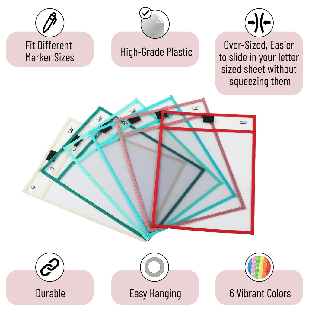 Mr. Pen- Reusable Dry Erase Pocket Sleeves, 10" x 14", 6 Pack, Colorful
