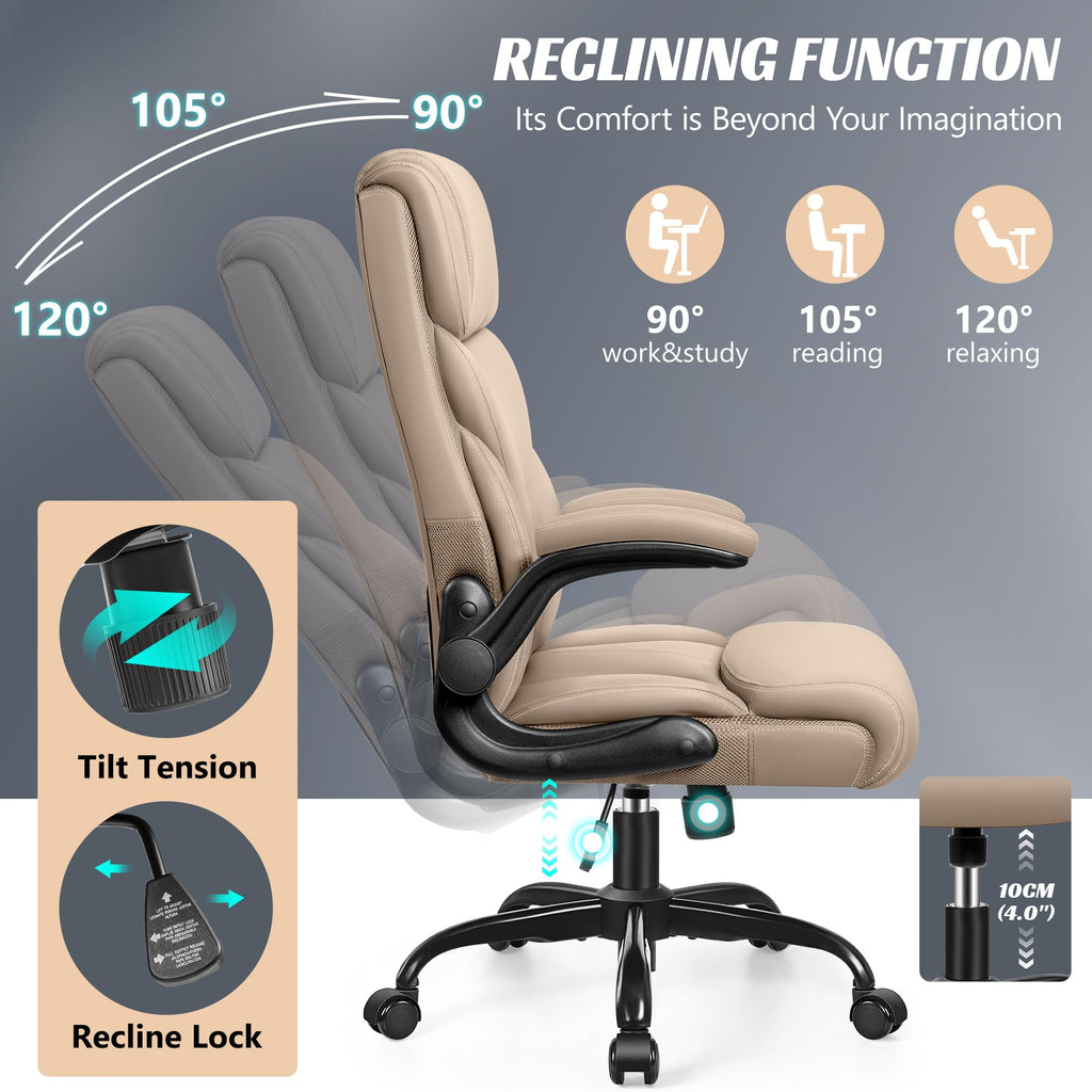 HeroSet Office Chair, Ergonomic Big and Tall Computer Desk Chairs, Executive Breathable Leather Chair with Adjustable Flip-up Armrests, Lumbar Support Swivel PC Chair with Rocking Function,Matte Black