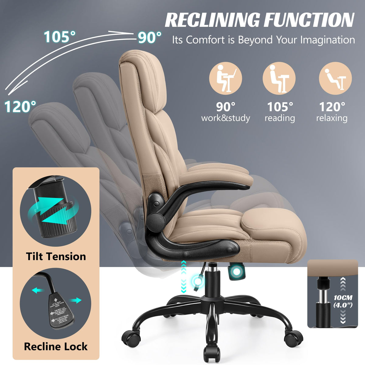 HeroSet Office Chair, Ergonomic Big and Tall Computer Desk Chairs, Executive Breathable Leather Chair with Adjustable Flip-up Armrests, Lumbar Support Swivel PC Chair with Rocking Function,Matte Black