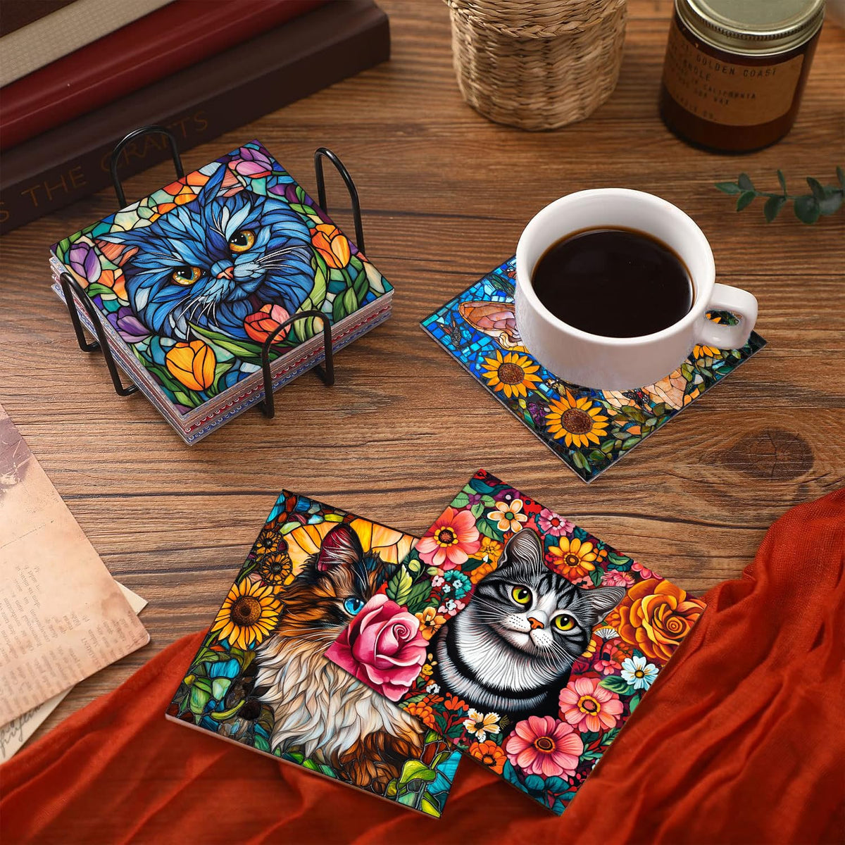 Puraikcmi 8PCs Diamond Paintings Coasters Kits Set, Funny Cat Diamond Art Coasters with Holder, DIY Crafts Diamond Art Kits Adult Craft Diamond Dots Gift