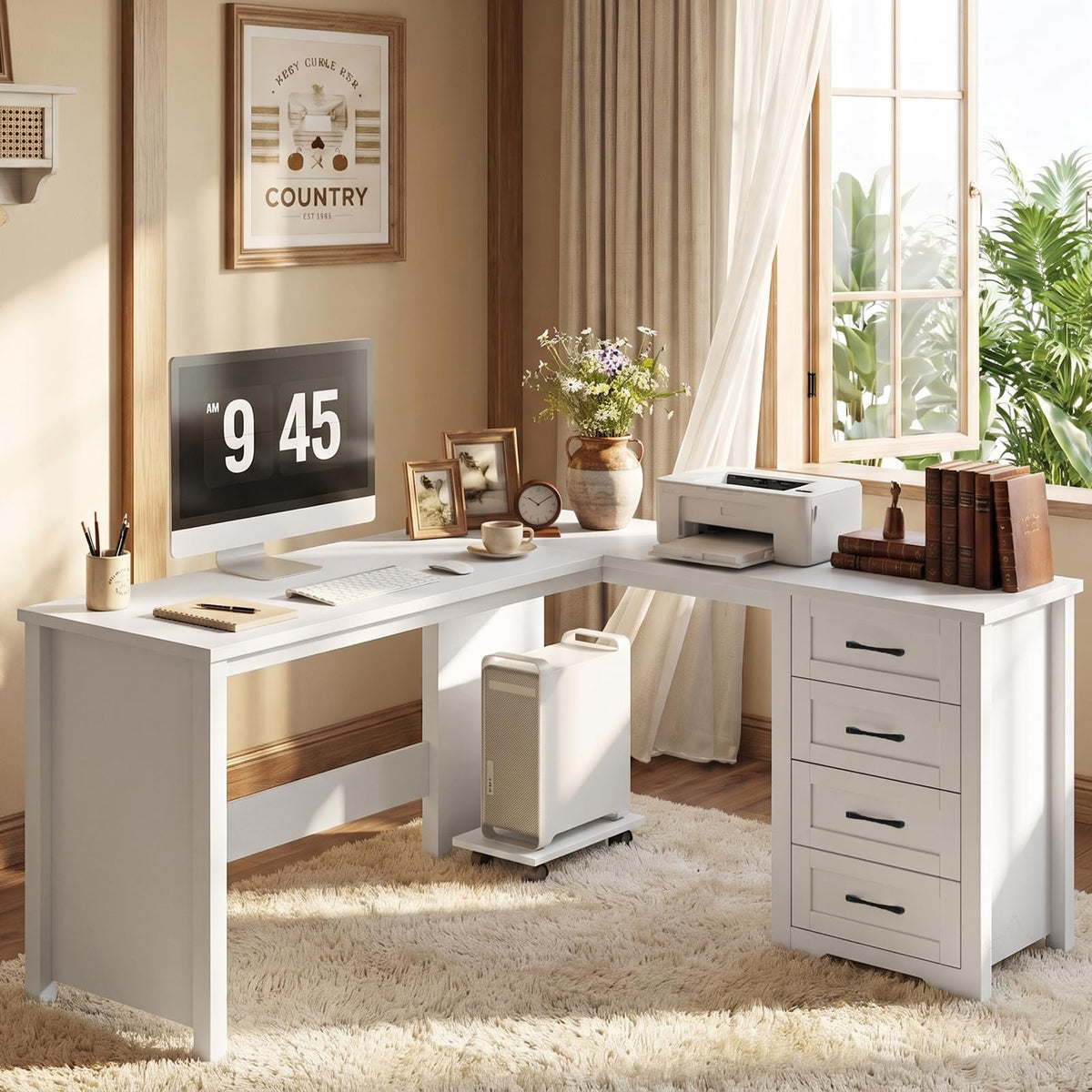 Vabches: 61" Farmhouse L-Shaped Student Study Desk with Drawers & Mobile CPU Mount
