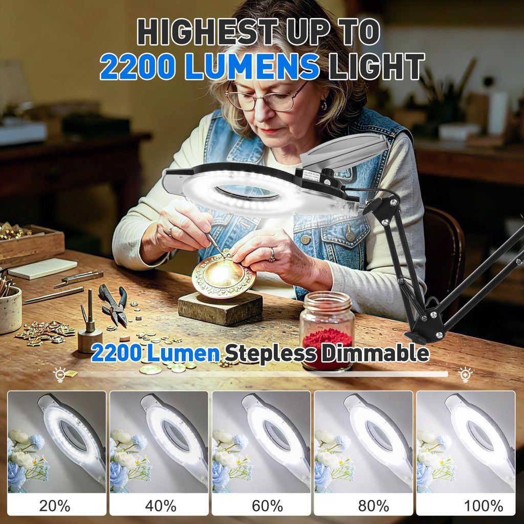 KIRKAS LED Magnifying Lamp with Clamp, 2,200 Lumens Dimmable 28in 12X