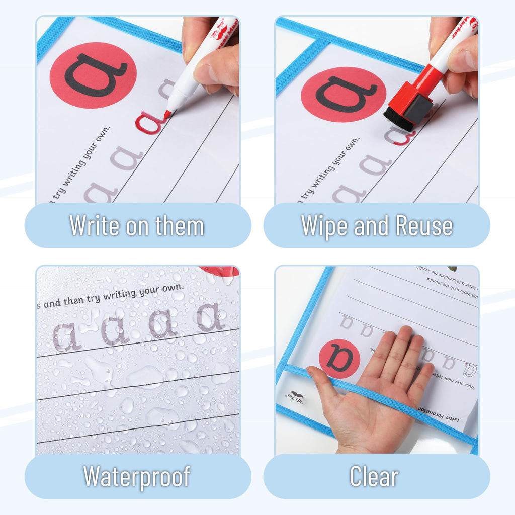 Mr. Pen- Reusable Dry Erase Pocket Sleeves, 10" x 14", 6 Pack, Colorful