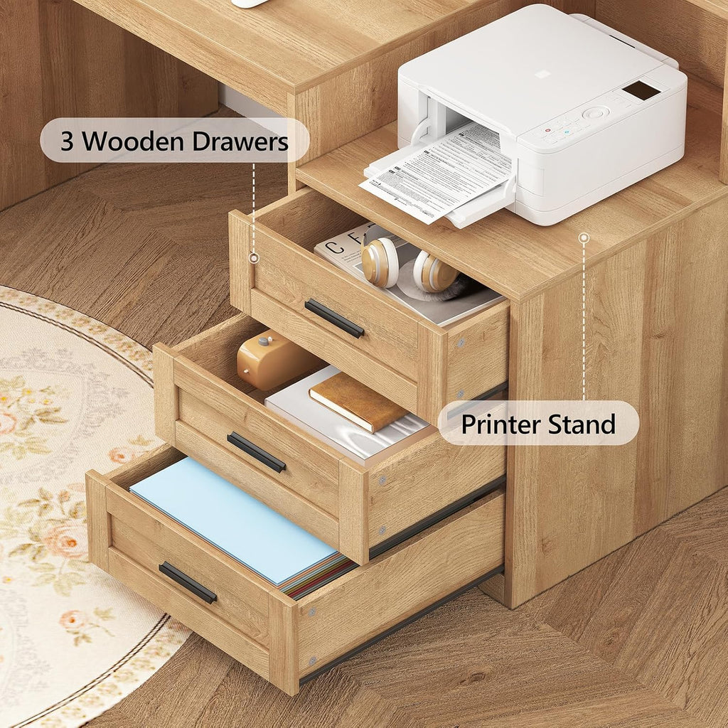 65" Farmhouse Computer Desk with Drawers and Printer Stand for Home Office