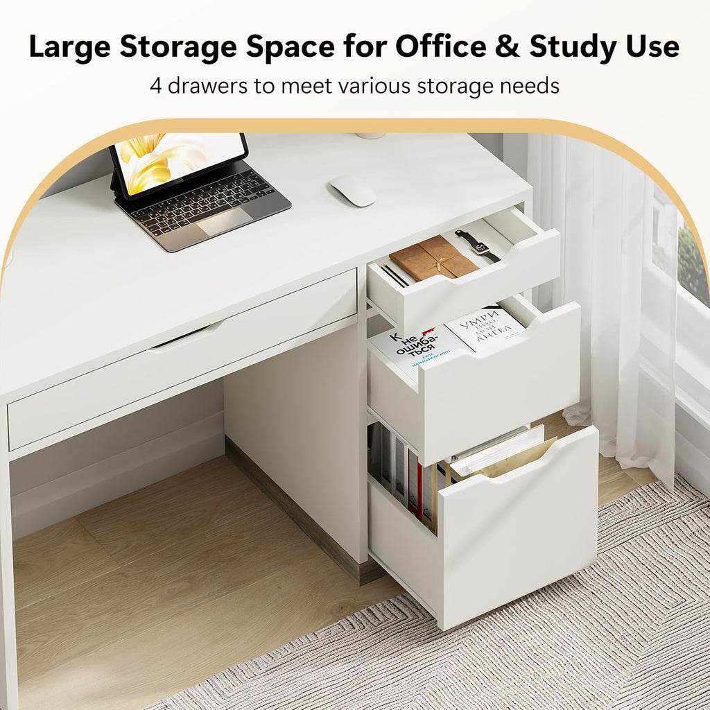 MaverickFurni White Desk with Drawers, 48 Inch Small Computer Desk