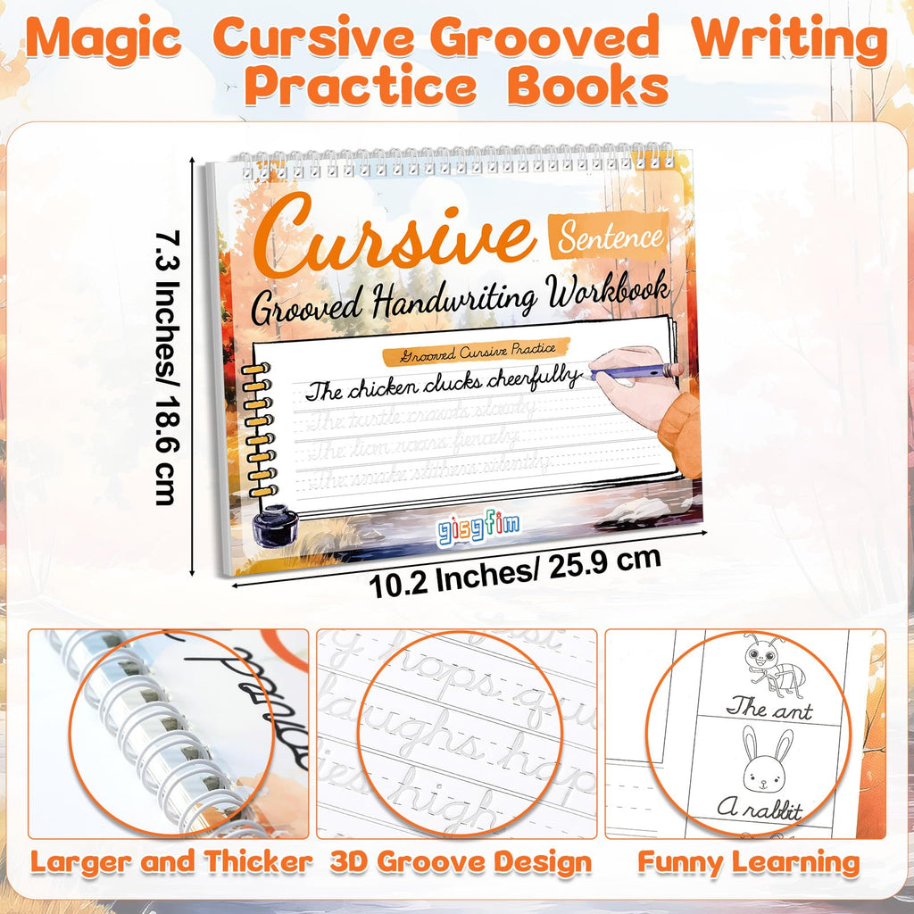 Grooved Cursive Handwriting Workbook Magic Reusable Grooved Cursive Handwriting Practice Guided Tracing with Disappearing Ink Pens for Beginners Kids Learning Activities Supplies (Letters)
