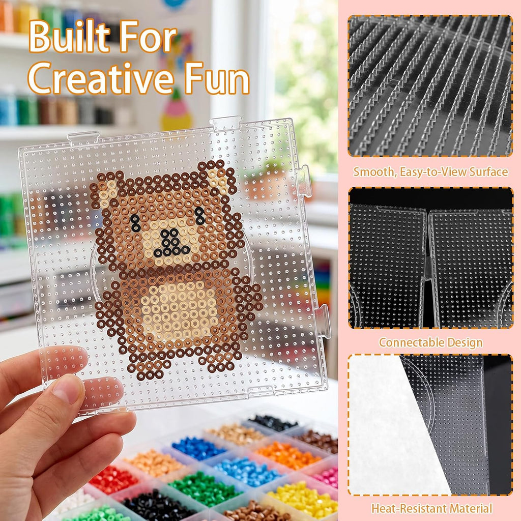 Fuse Bead Boards, 4 Pcs 2.6mm Heat Resistant Clear Plastic Pegboards, 10 Pcs Ironing Papers and 2 Pcs Beads Tweezers for Adults School Party DIY Craft Gifts