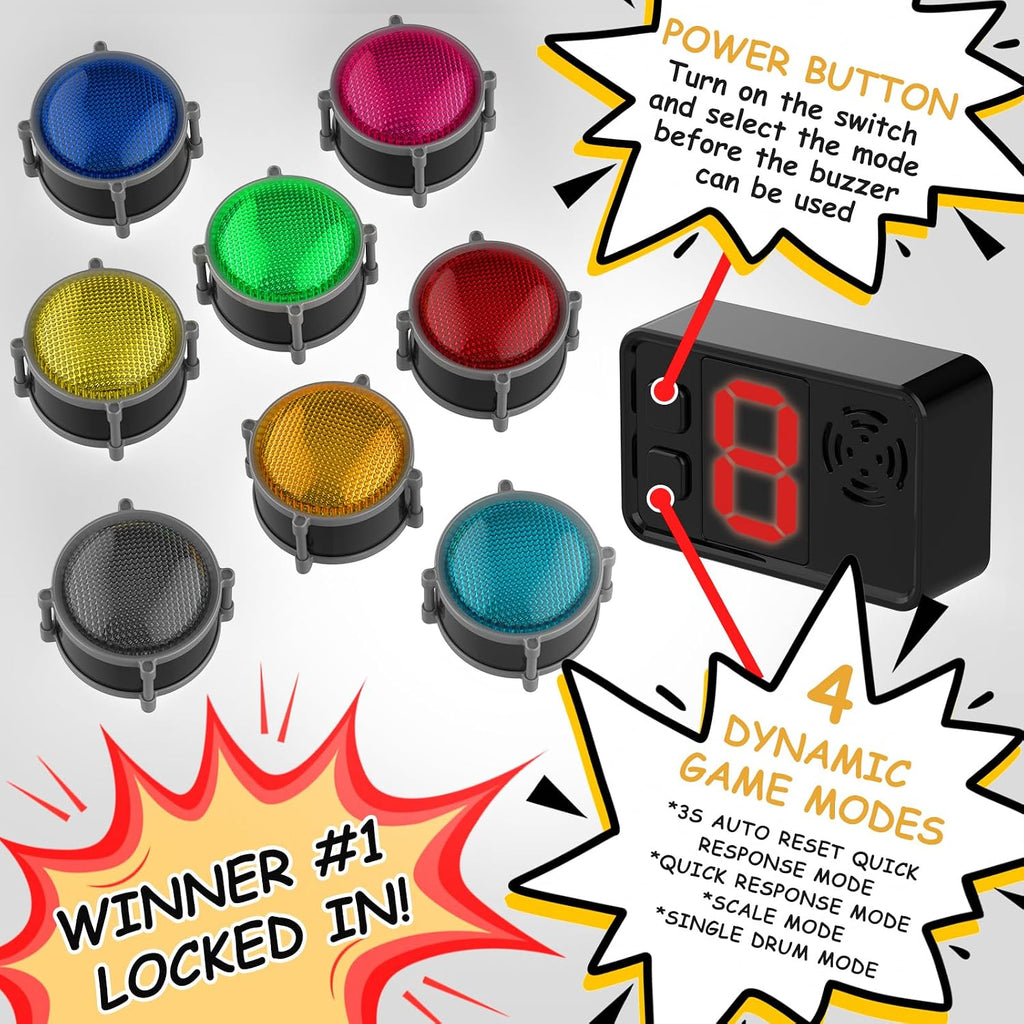 Buzzers for Trivia Games, Rechargeable Answer Buzzers for Classroom with Light, Show Who Buzzed First, 3-Second Auto Reset Buzzer System for Game Show, School, Jeopardy, Family Feud Night (8 Colors)