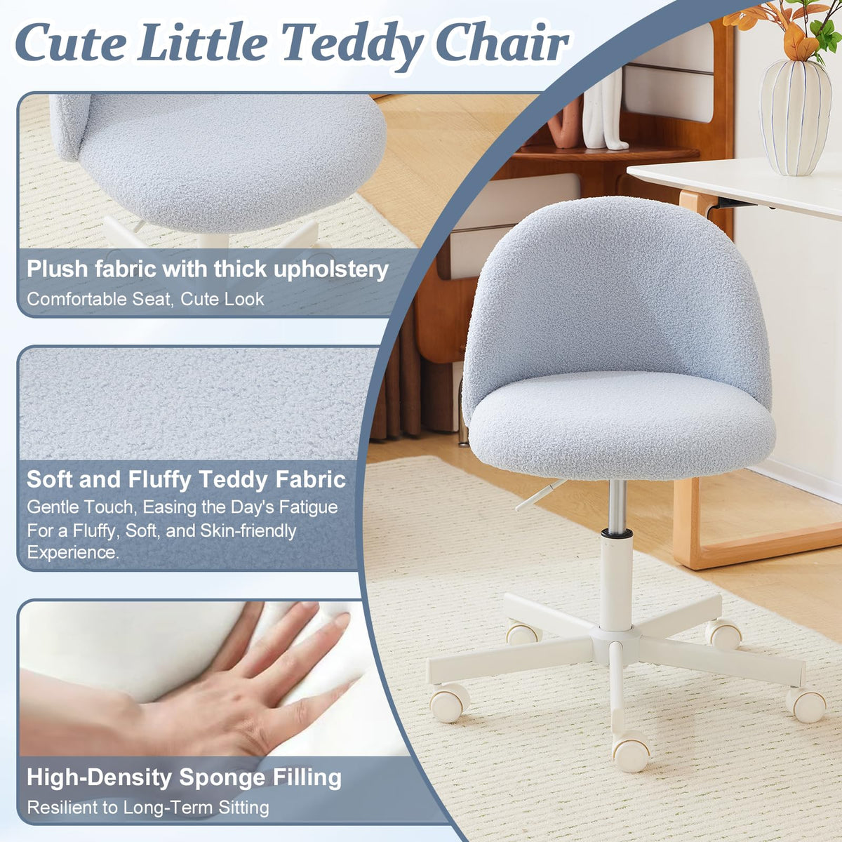 VINGLI Cute Candy Chair Armless Comfy Small Office Desk Vanity Chair with Wheels & Lumbar Support,Teddy Adjustable Rolling Swivel Computer Task Ch for Home Office,Bedroom,Gentle Pink