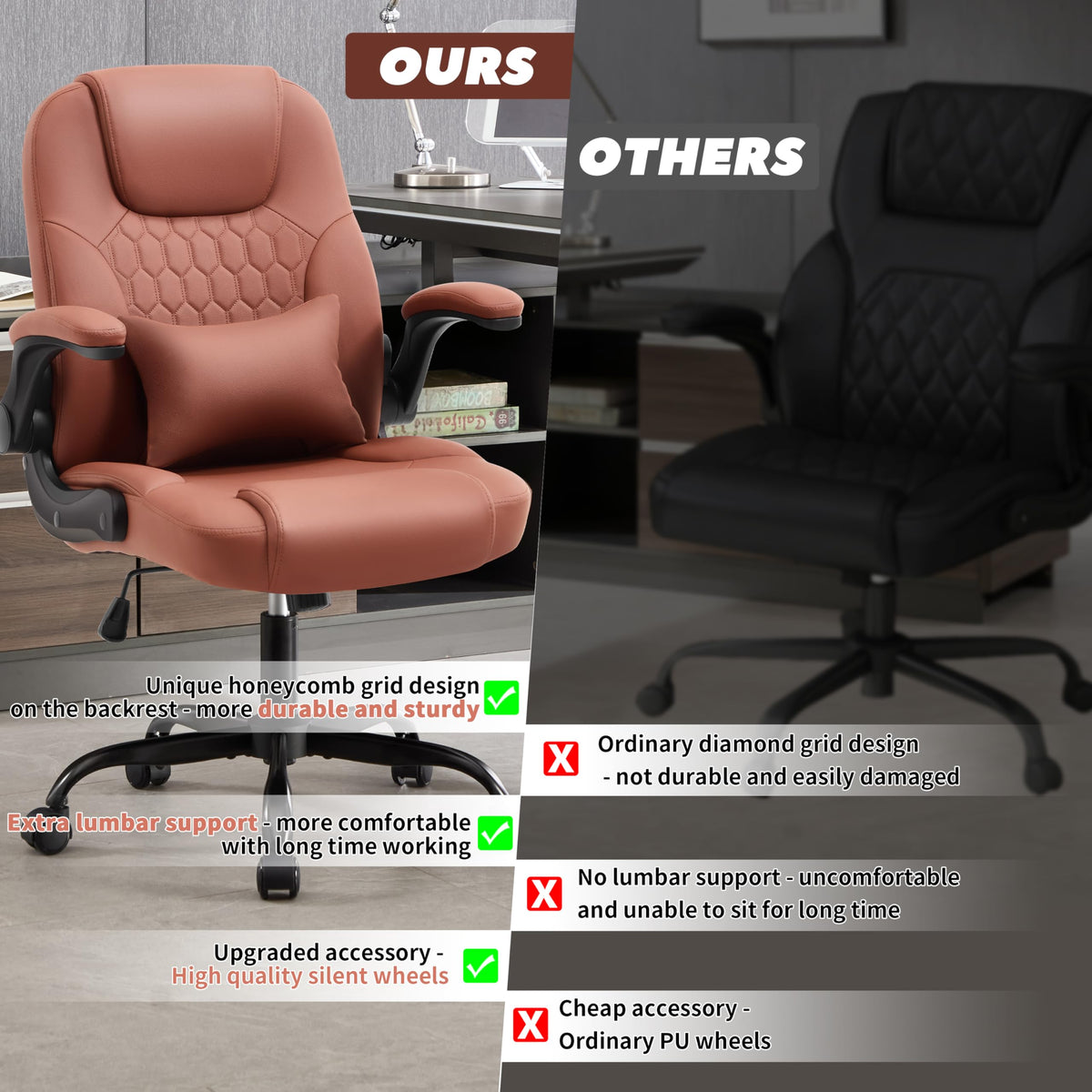 Leather Office Chair Swivel Lumbar Support for Short People Black