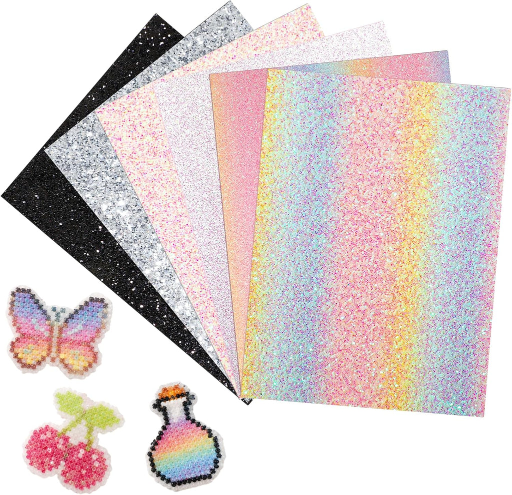 6PCS Fuse Beads Glitter Fabric Ironing Paper, 7.87 x 5.91 Inch Fuse Chunky Fabric Ironing Paper Reusable Chunky Sparkle IronPaper with PU Leather Easy to Iron Out Non-Porous for Bead Craft