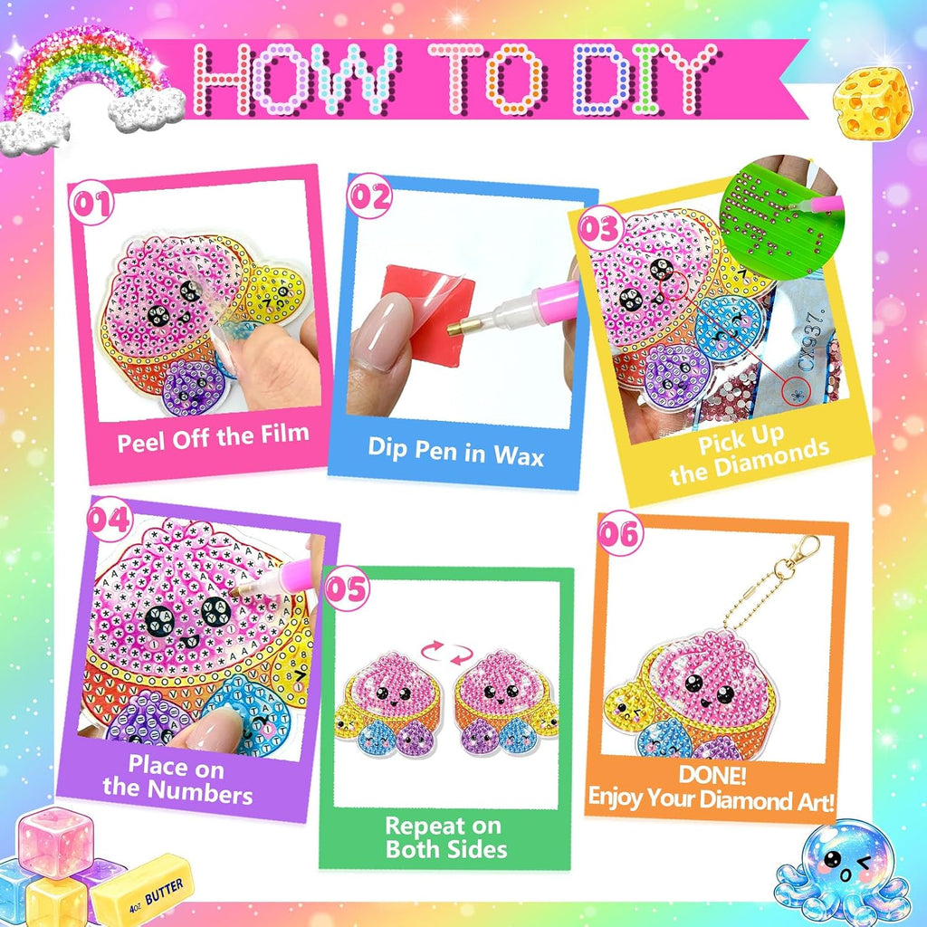 Acrylic Squishy Birthday Party Decorations,Dumpling Diamond Art Painting Kits Party Favors Arts and Crafts for Kids Ages 8-12 Make Your Own GEM Keychains for Girls Ages 4-6 Boys Christmas Toys Gifts