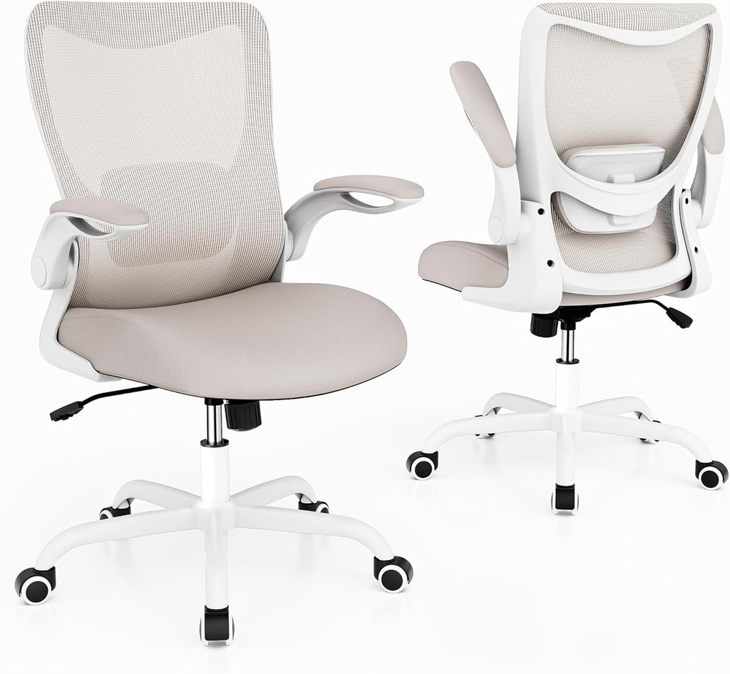 MUXX.STIL Office Chair, Ergonomic Desk Chair with Adjustable Lumbar Support and Flip up Armrest, Breathable Mesh Computer Chair for Home Office, Khaki