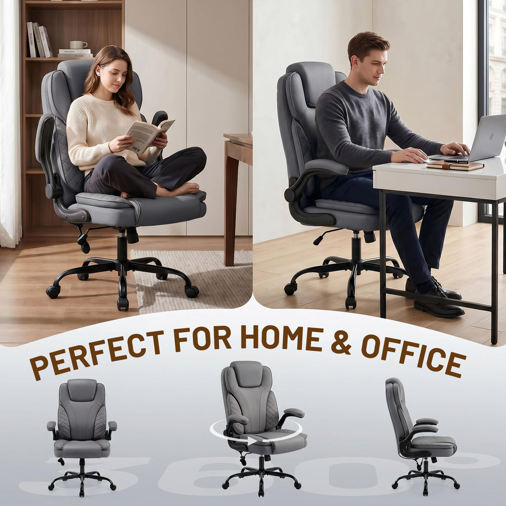 Ergonomic Office Chair, PU Leather High Back Executive Chair with Adjustable Inflatable Lumbar Support and Padded Flip-Up Arms, Recline Swivel Task Computer Chair for Home Office, Khaki