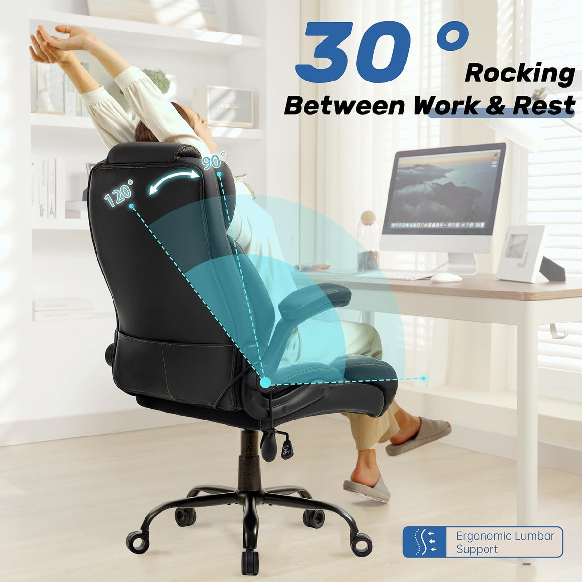 550LBS Big and Tall Office Chair, Comfy Heavy Duty Executive Chair with Adjustable Lumbar Support Double Spaces Casters, PU Leather Extra Wide Seat Ergonomic Computer Desk Chair for Back Pain, Black