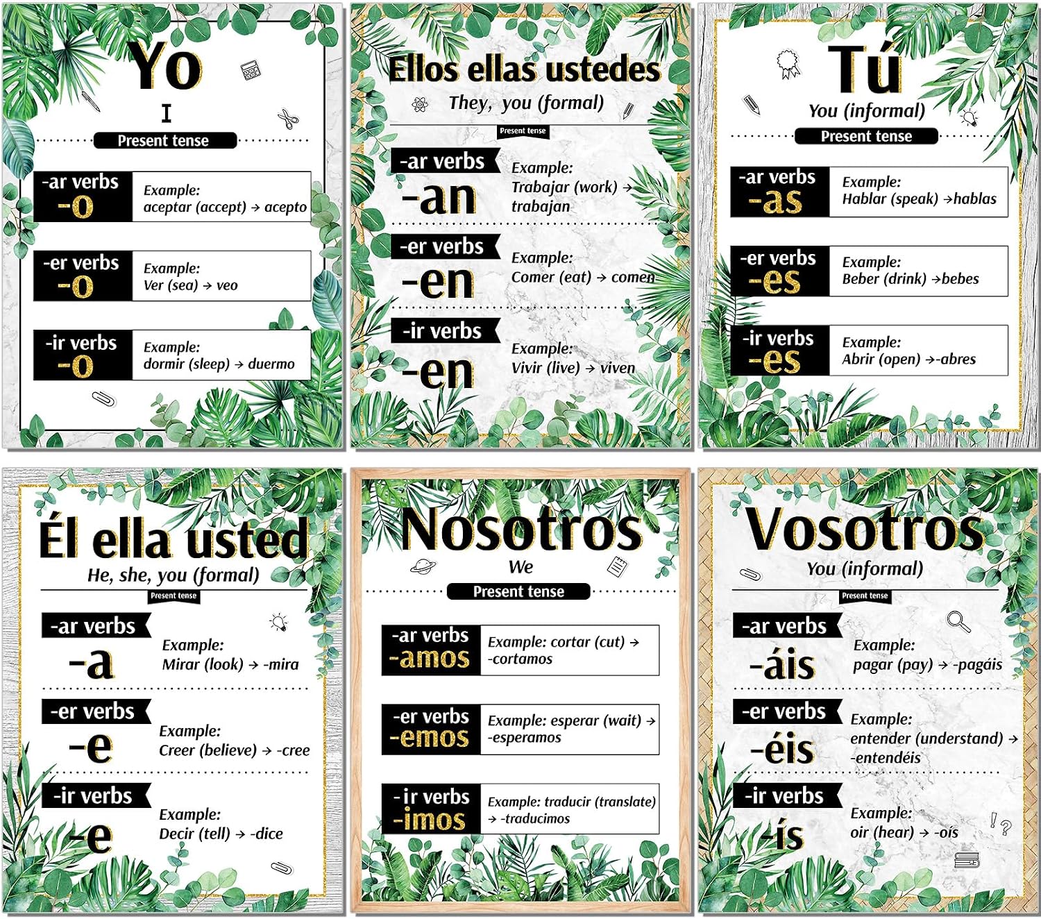 Spanish Verb Conjugation Posters — 6-Pack Classroom Wall Charts (AR, ER & IR Verbs)
