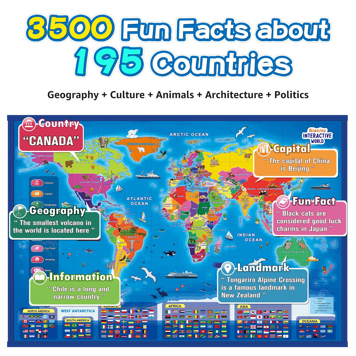 Qiaojoy Bilingual Interactive World Map for Kids Learning Educational Toy