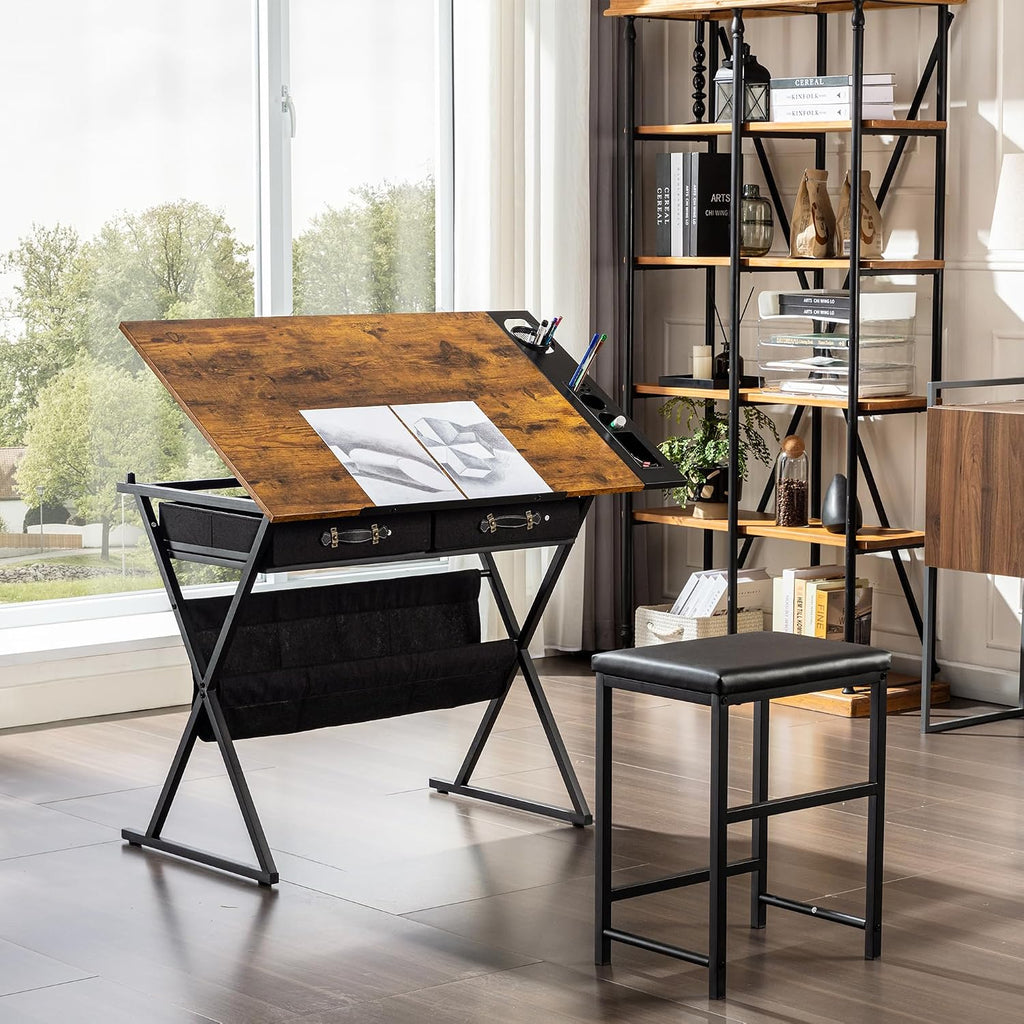 VECELO Adjustable Drafting and Art Desk with Stool