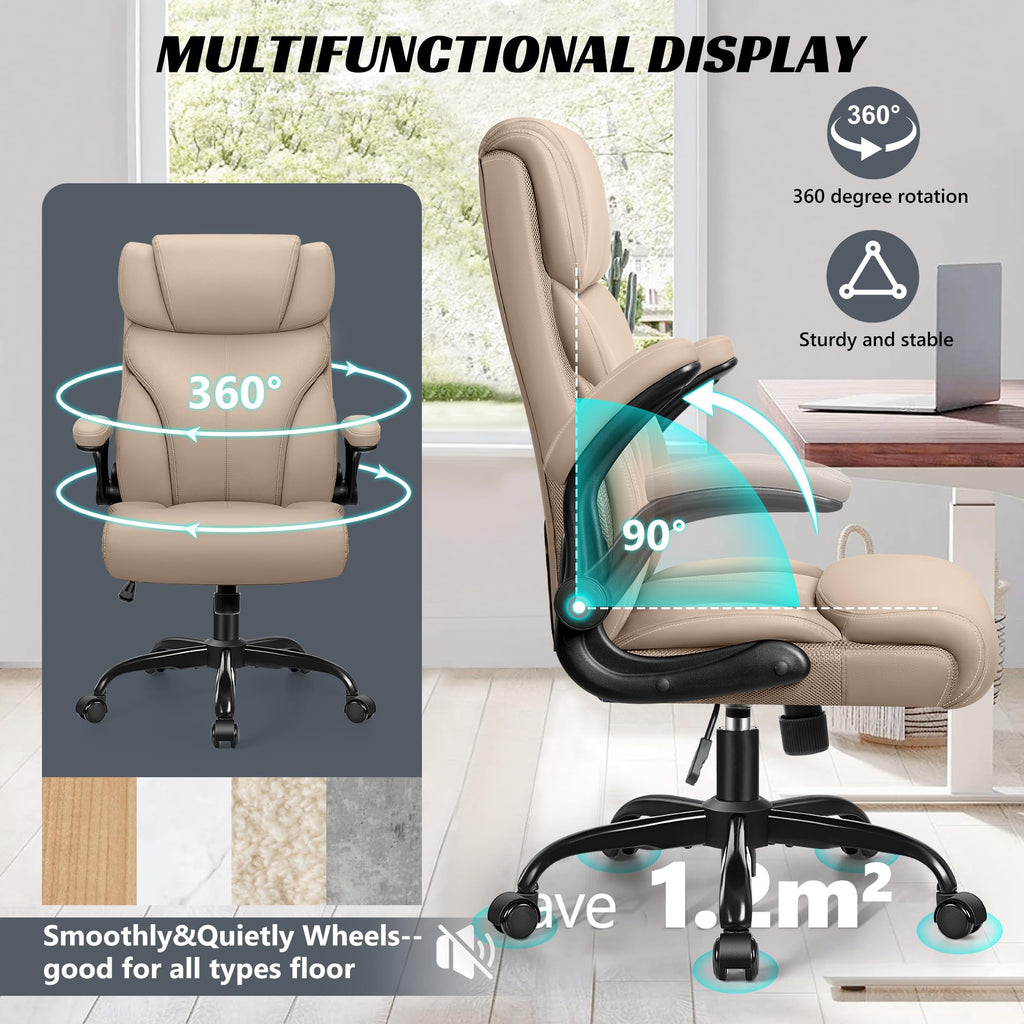 HeroSet Office Chair, Ergonomic Big and Tall Computer Desk Chairs, Executive Breathable Leather Chair with Adjustable Flip-up Armrests, Lumbar Support Swivel PC Chair with Rocking Function,Matte Black