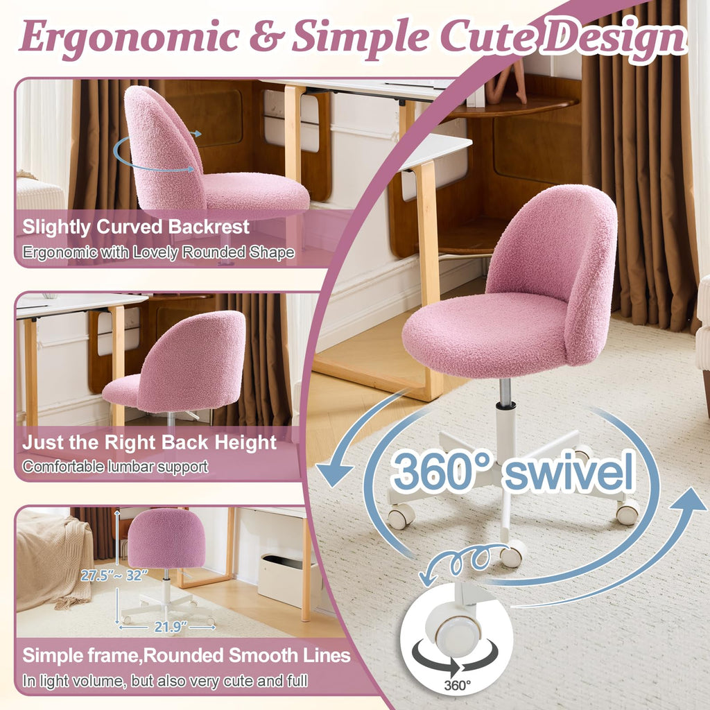 VINGLI Cute Candy Chair Armless Comfy Small Office Desk Vanity Chair with Wheels & Lumbar Support,Teddy Adjustable Rolling Swivel Computer Task Ch for Home Office,Bedroom,Gentle Pink