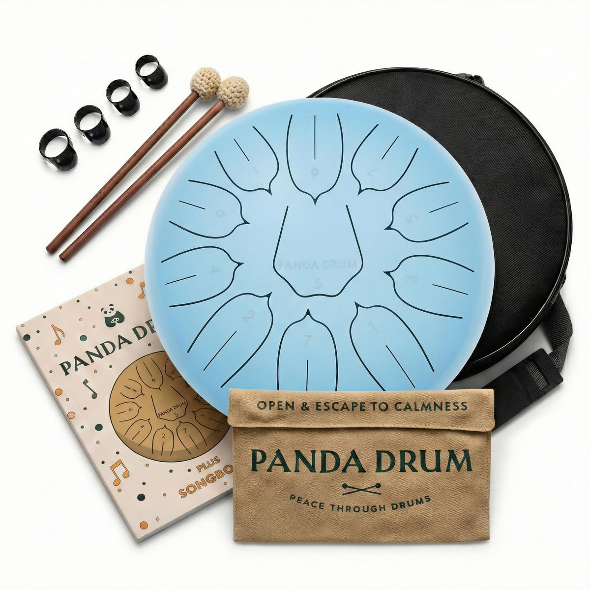 Panda Drum Plus 11" Steel Tongue Drum — Multi-Note Hand Pan with Accessories