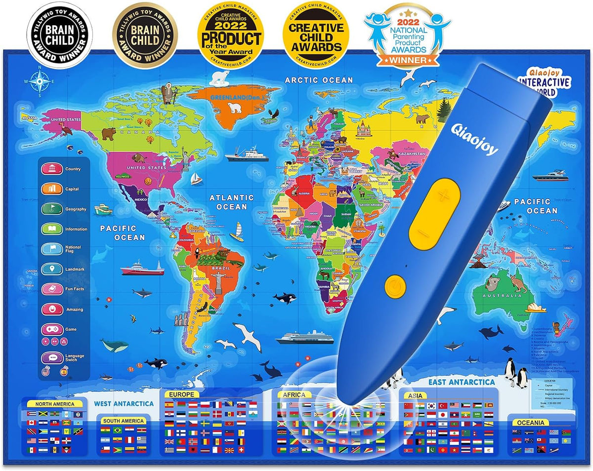 Qiaojoy Bilingual Interactive World Map for Kids Learning Educational Toy