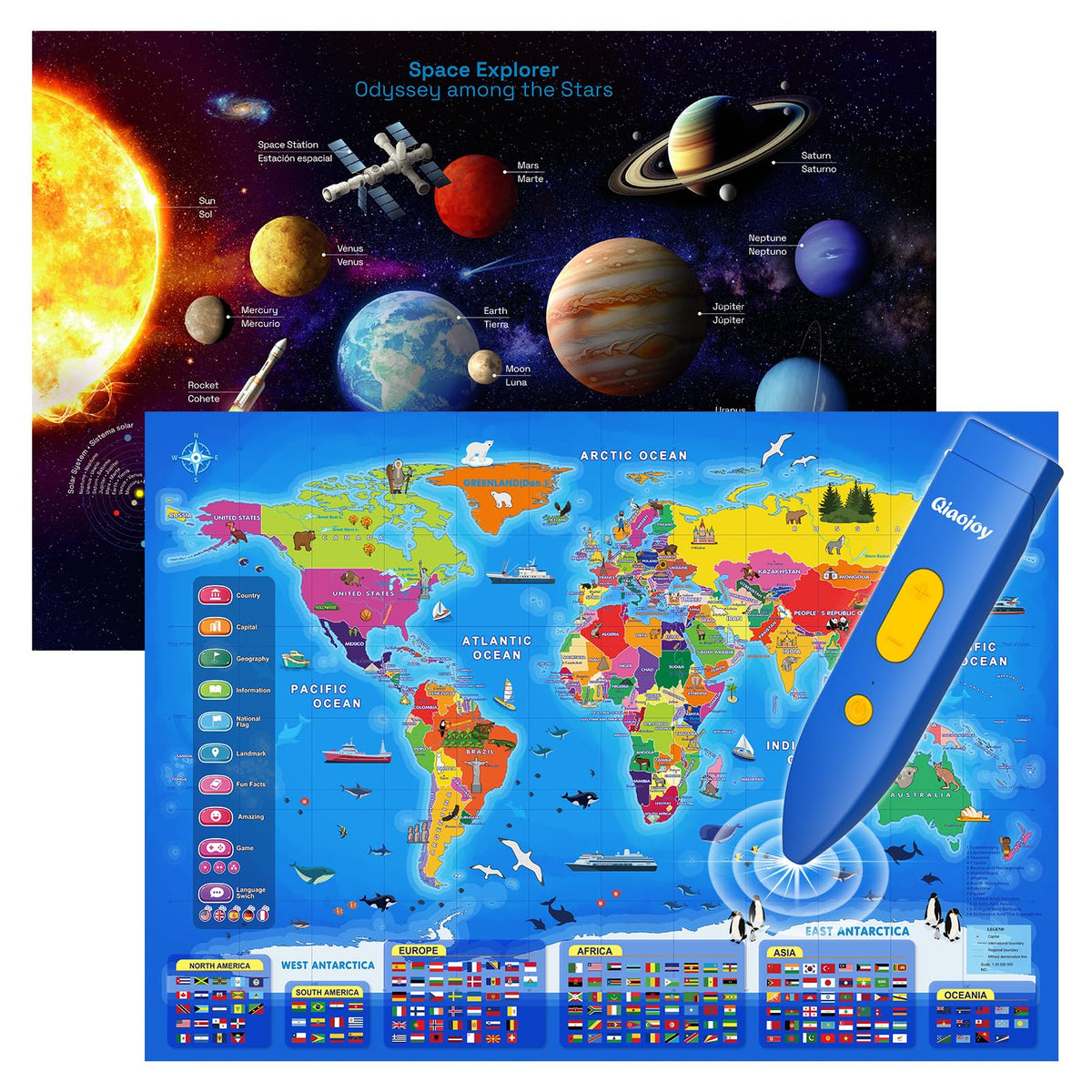 Qiaojoy Bilingual Interactive World Map for Kids Learning Educational Toy