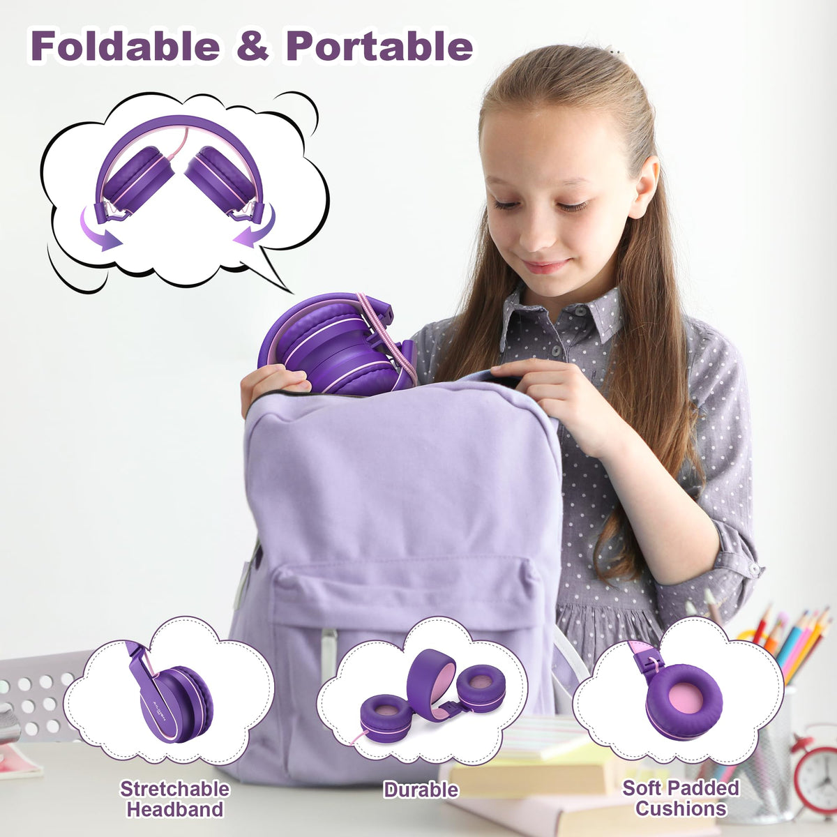 AILIHEN I35 Kids Headphones for School with Mic, 93dB Volume, Green Purple
