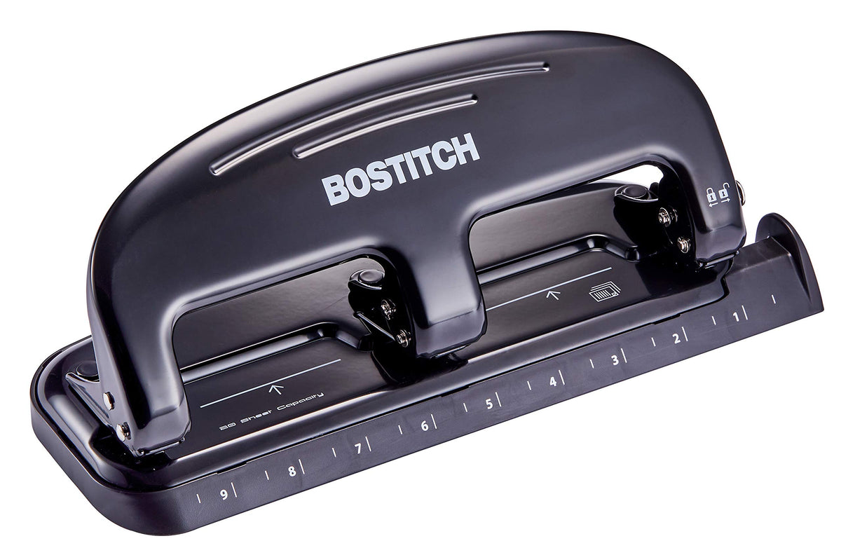 Bostitch EZ Squeeze 3-Hole Punch – 20-Sheet Capacity, No-Jam, Reduced Effort, Metal