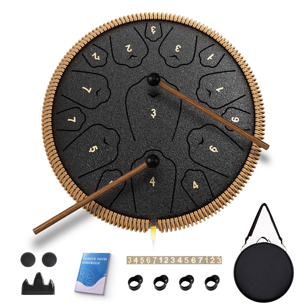 QingShi 14" Steel Tongue Drum — 15-Note C Major Hand Pan with Accessories