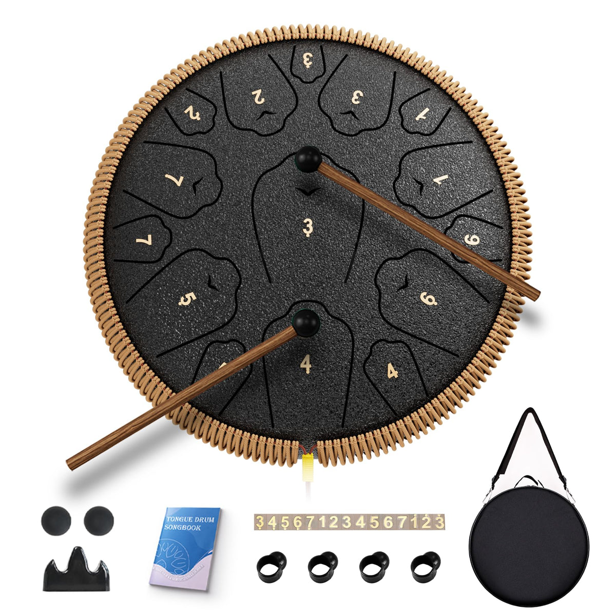 QingShi 14" Steel Tongue Drum — 15-Note C Major Hand Pan with Accessories