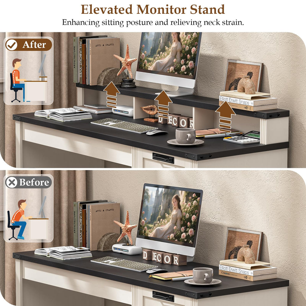 Vabches 51" Executive Desk Farmhouse Home Office Desk with Charging Station, LED Light, File Drawer, Storage Cabinet, Monitor Stand, Wood Computer Desk with Hutch for Work Study Writing (White)