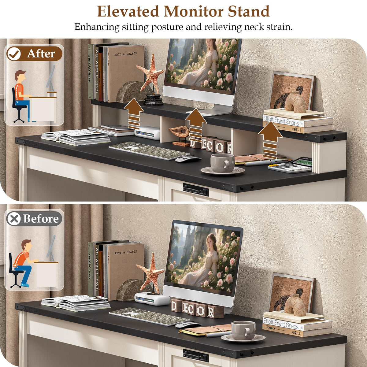 Vabches 51" Executive Desk Farmhouse Home Office Desk with Charging Station, LED Light, File Drawer, Storage Cabinet, Monitor Stand, Wood Computer Desk with Hutch for Work Study Writing (White)
