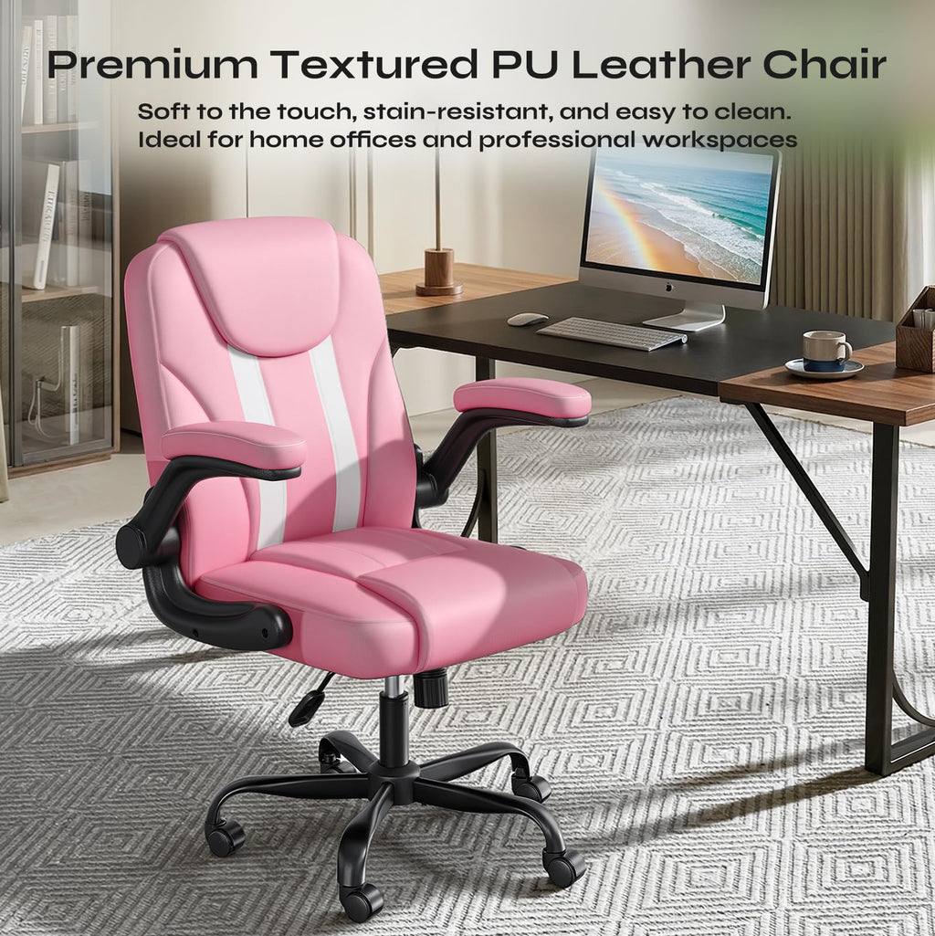 PU Leather Mid-Back Office Chair, Flip-Up Arms, 3.5" Dual-Layer Cushion