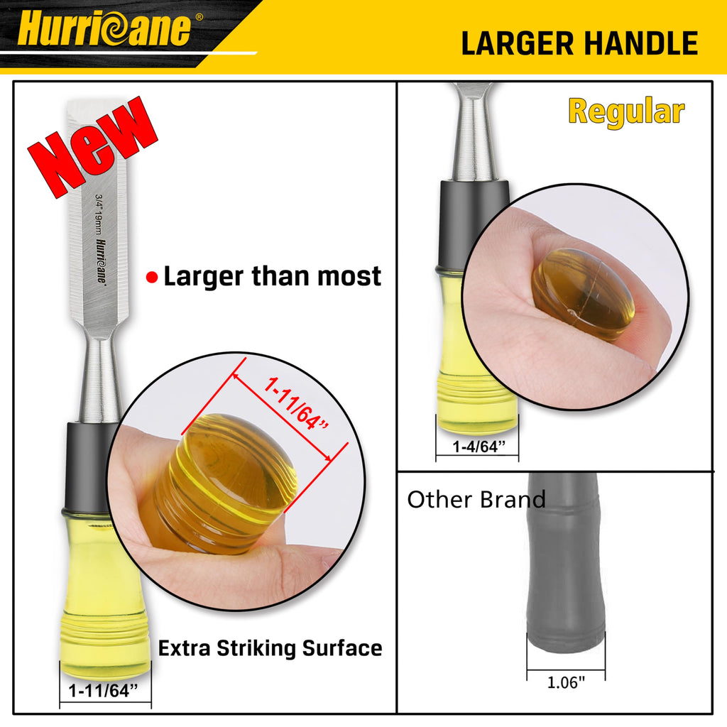 HURRICANE 4 Piece Wood Chisel Set for Woodworking. CR-V Steel Beveled Edge Blades with Safety Caps. Durable PVC High Impact Handle, for Precision Carving & DIY Projects (1/4", 1/2", 3/4", 1")