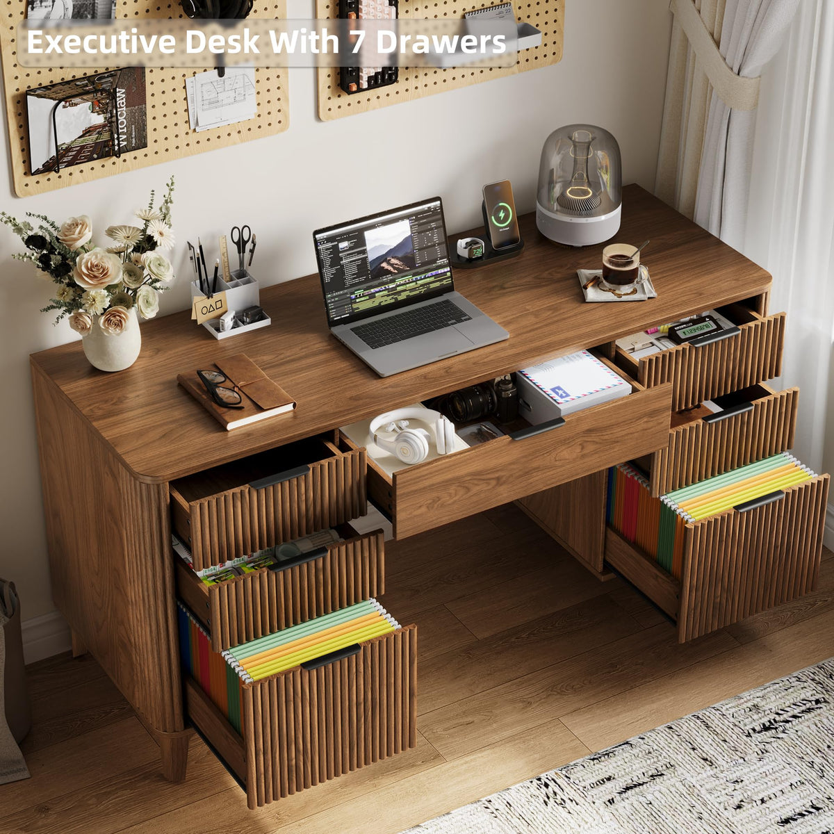 55.1" Fluted Executive Desk with Drawers, Wood Computer Desk with Storage Cabinet, Home Office Desk with Charging Station, Farmhouse Desk with File Cabinet for Office Home (Nature)