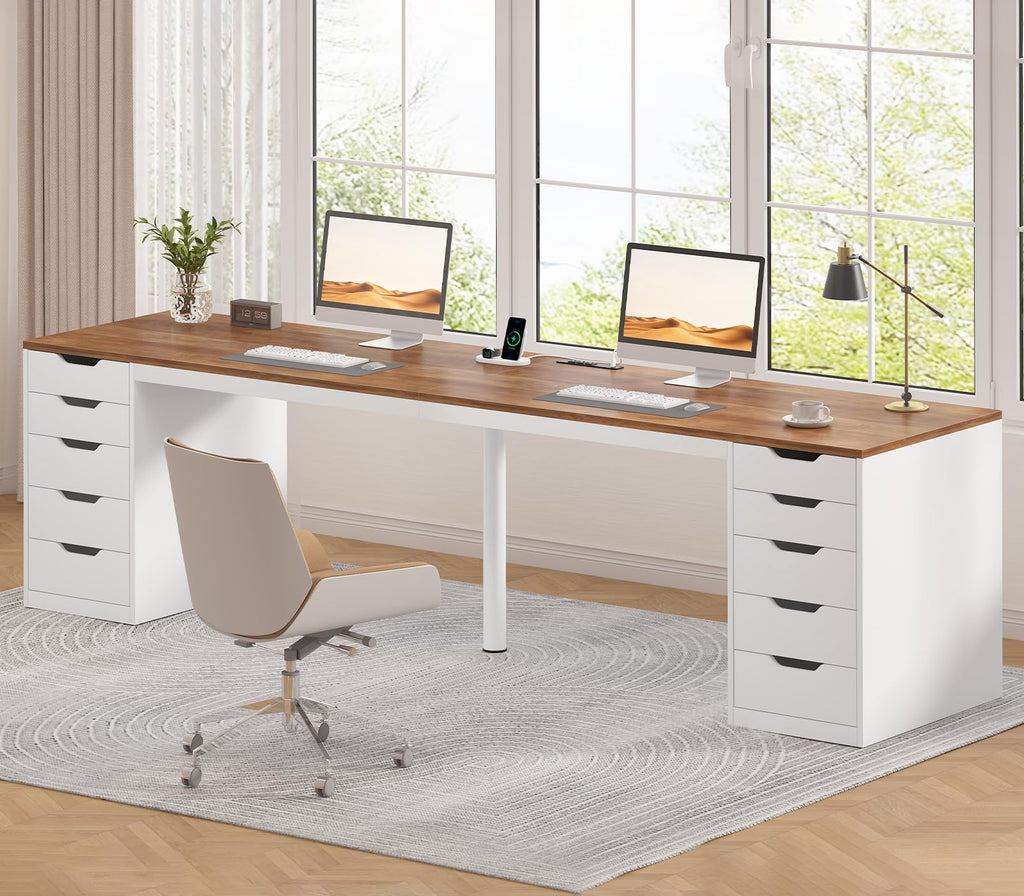 YOMILUVE 95" 2 Person Desk with 10 Drawers & Power Outlets for Home Office