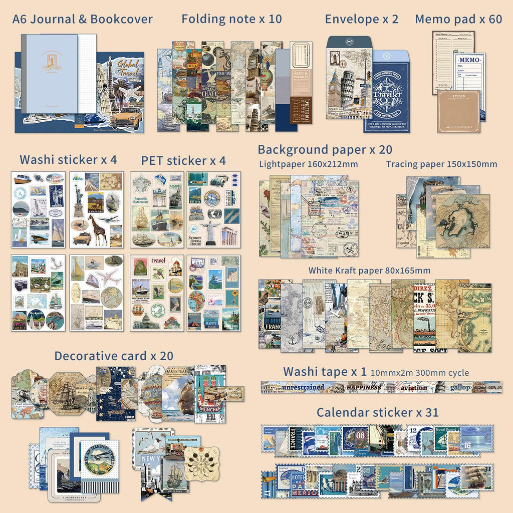 emmoolife 348 Pcs Scrapbooking Supplies Kit, Vintage Aesthetic Scrapbook Kit for Bullet Junk Journal, Stationery, A6 Grid Notebook, DIY Journaling Supplies, Birthday Craft Gift for Teen Girl Women