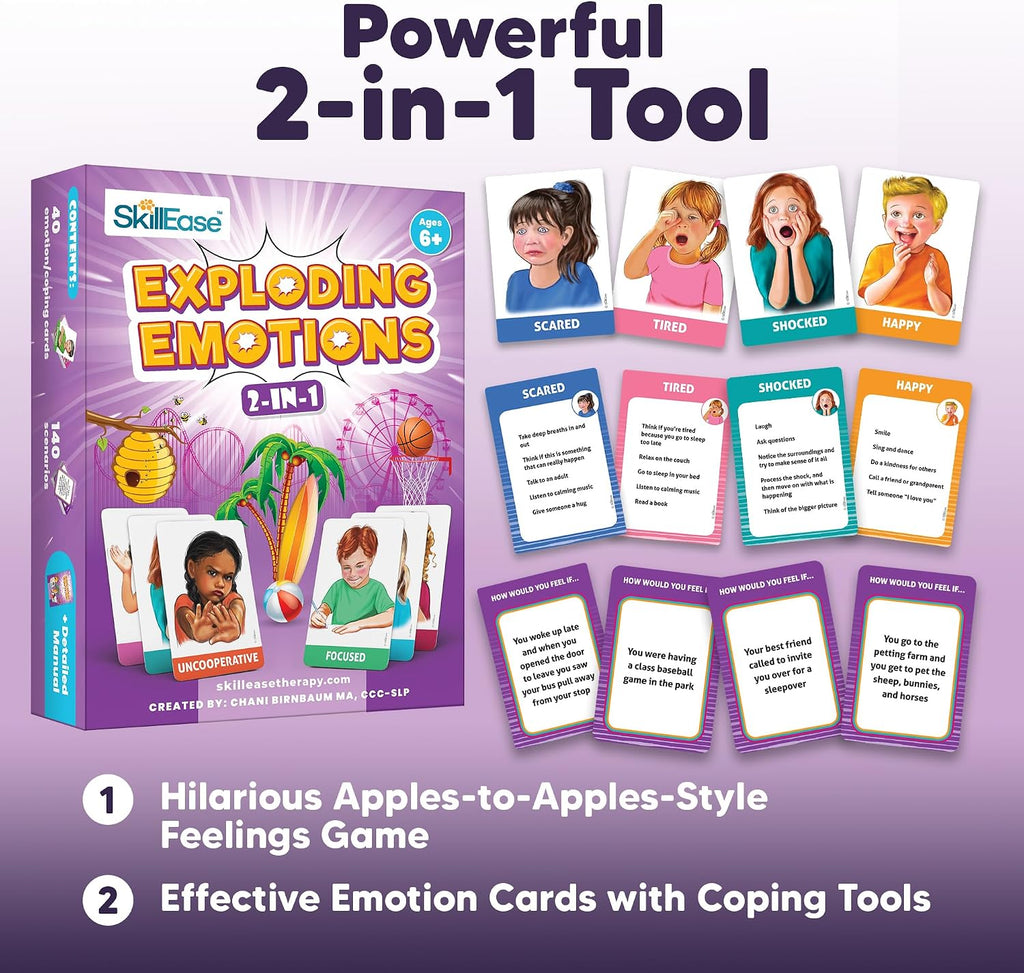 SkillEase Exploding Emotions Flashcards and Game: 2 in 1, Hilarious Family Fun, Social Emotional Learning, Feeling Cards for Kids, Teaches Social Skills, Autism