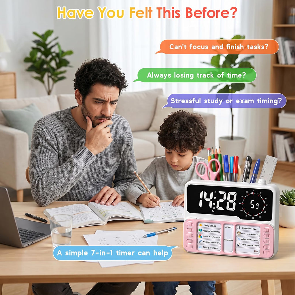 7-in-1 Visual ADHD Timer for Kids with Chore Chart Board, ADHD Tools Schedule for Kids with Autism, Alarm, Countdown, Date, Temperature, Storage, Daily Checklist for Home/School/Classroom/Desk(Blue)