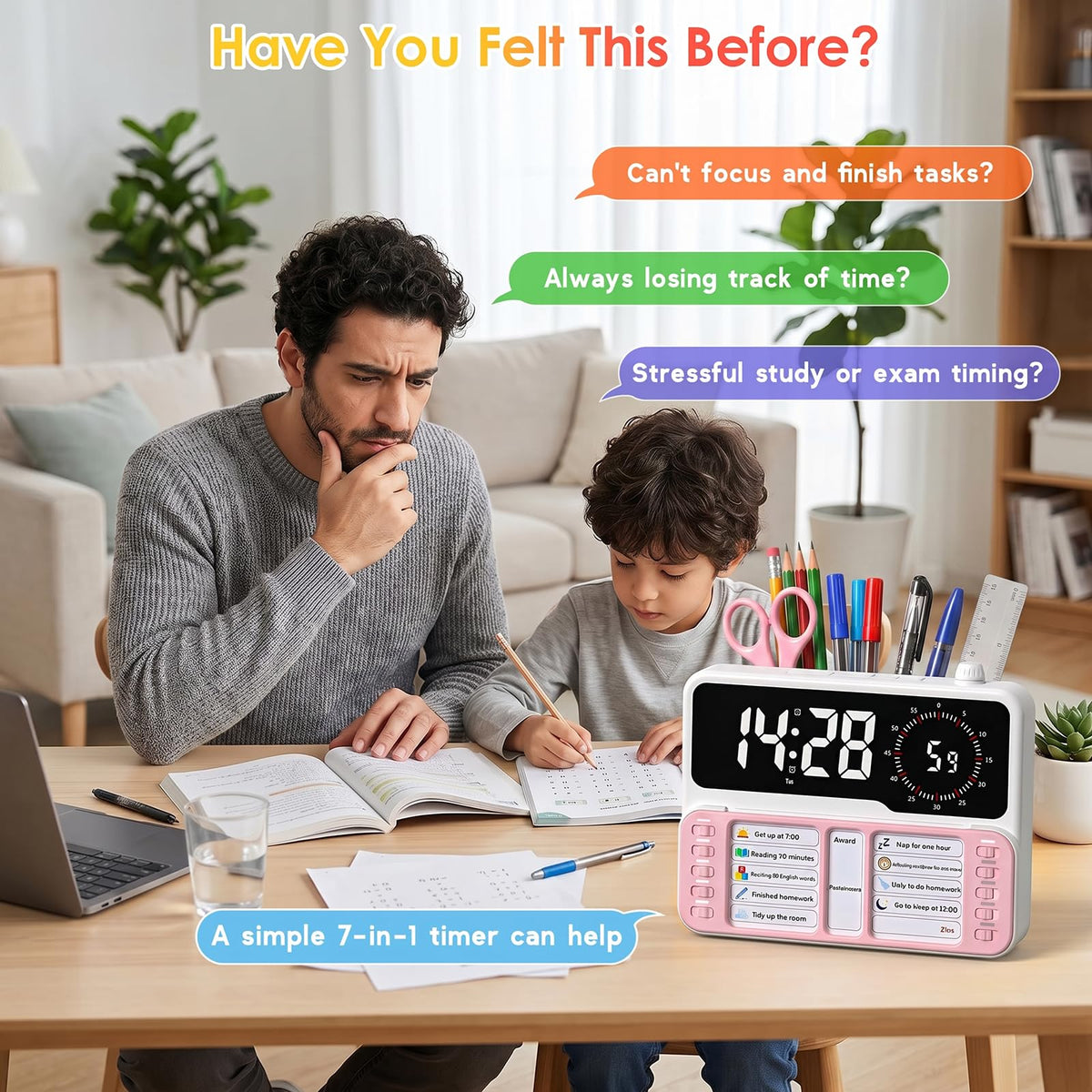 7-in-1 Visual ADHD Timer for Kids with Chore Chart Board, ADHD Tools Schedule for Kids with Autism, Alarm, Countdown, Date, Temperature, Storage, Daily Checklist for Home/School/Classroom/Desk(Blue)
