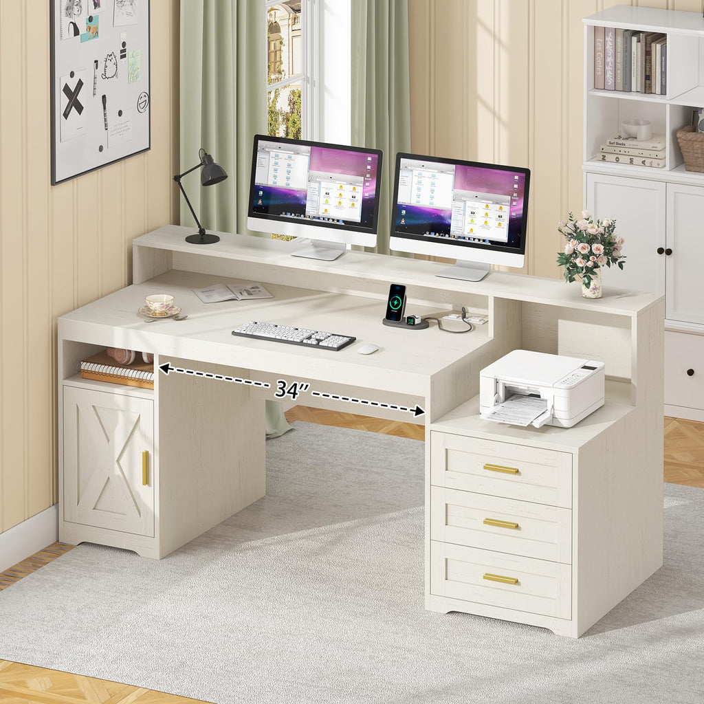 65" Farmhouse Computer Desk with Drawers and Printer Stand for Home Office