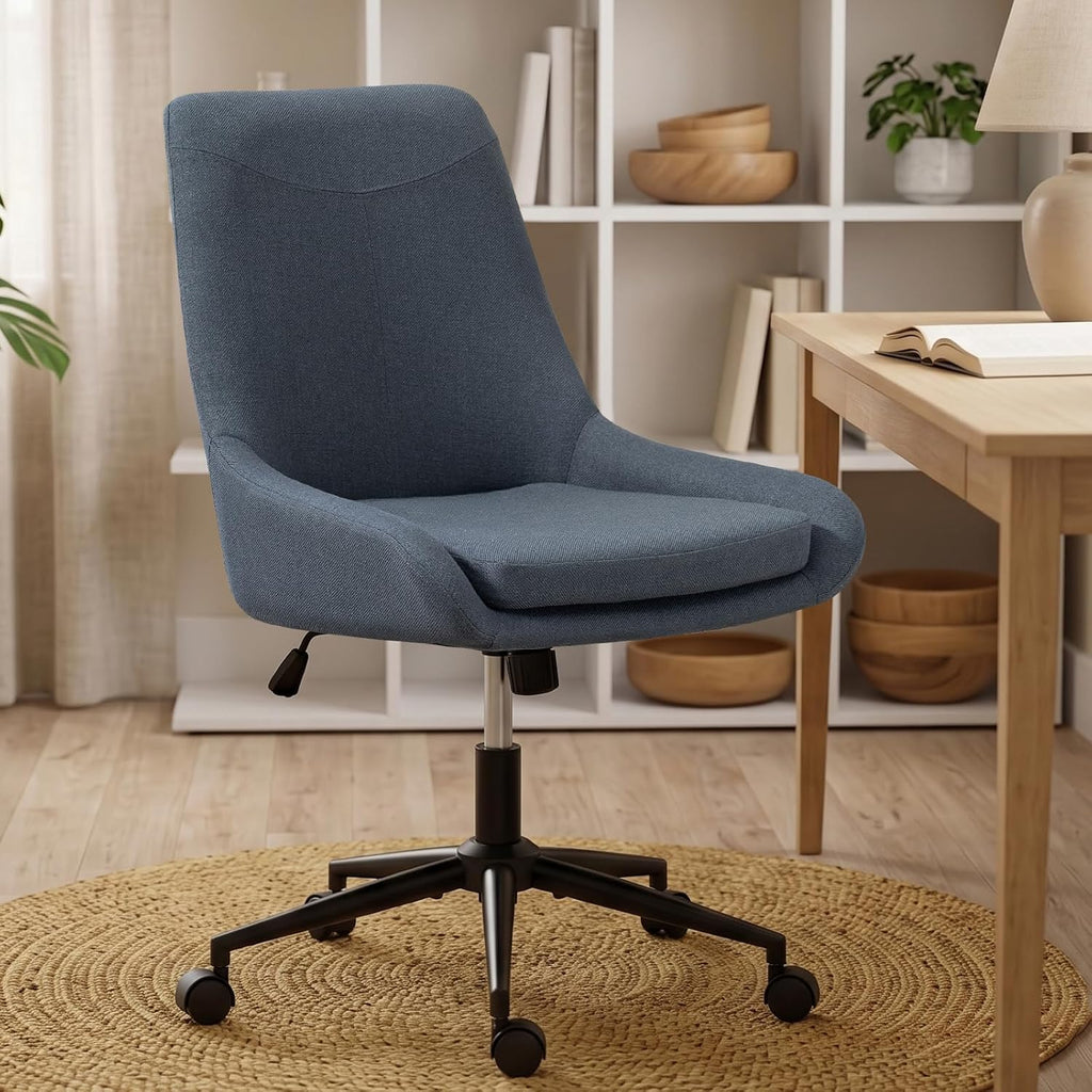 Home Armless Office Desk Chair, Linen Small Computer Chair with Adjustable Height, Removable Cushion, Comfy Rolling 360° Swivel Vanity Task Chair, Blue